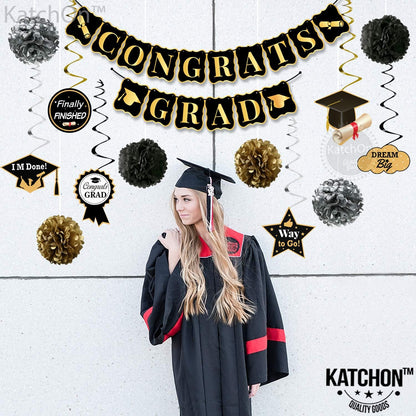 KatchOn, Black and Gold Graduation Party Decorations 2026 - Pack of 19 | Graduation Hanging Swirls for Grad Party | Congrats Grad Banner | Grad Banner for 2026 Graduation Decorations