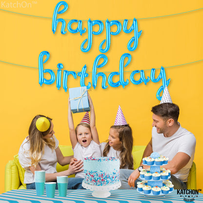 KatchOn, Blue Happy Birthday Balloon Banner - 16 Inch Happy Birthday Cursive Sign, Blue happy Birthday Banner, blue birthday Decorations | birthday Balloon for Birthday Party Supplies