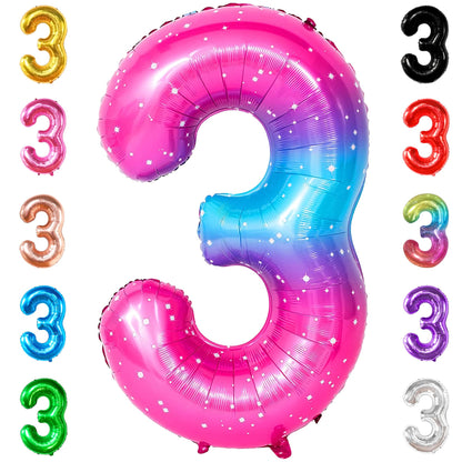 KatchOn, Rainbow Number 3 Balloon - 40 Inch, Pink Blue | 3rd Birthday Decorations for Girls | Unicorn Party Decorations, Galaxy Party decorations