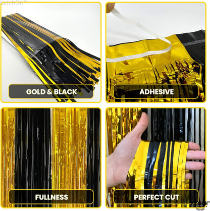 KatchOn, Xtralarge Black and Gold Streamers - 3.2x8 Ft, Pack of 2 | Gold and Black Foil Fringe Curtains for Birthday, Anniversary, Enegagment, Bachelorette Party Decorations | Halloween Decorations