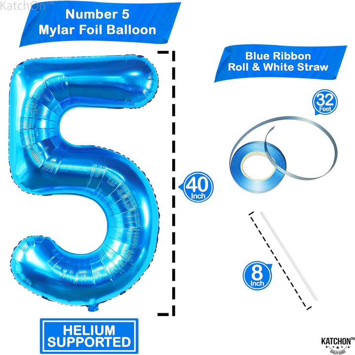 KatchOn, Big Blue Number 5 Balloon - 40 Inch | Blue 5 Shark Birthday Balloons, 5th Birthday Balloons Boy | Shark 5th Birthday Decorations | Five Balloon Number for 5 Year Old Boy Birthday Decorations