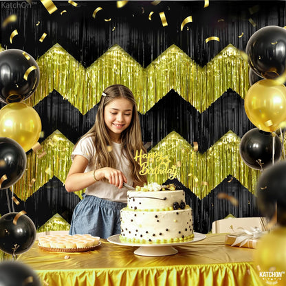 KatchOn, XtraLarge Black and Gold Fringe Backdrop Curtain - 6.6x1.7 Feet, Pack of 6 | Graduation Party Supplies 2026, Graduation Decorations 2026 | Fringe Curtain for Birthday Decorations