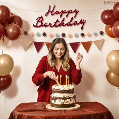 KatchOn, Burgundy Felt Happy Birthday Banner Set  Pre Strung, 10 Feet, No DIY | Reusable, Triangle Flag Banner & Pom Pom Garland | Burgundy Birthday Decorations for Women Men | Boho Party Decorations