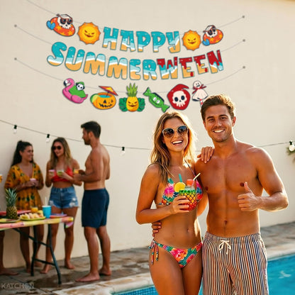 Katchon Summer Halloween Decorations for Pool Party 10 Feet | Happy Summerween Banner, 3 Strings Pre-Strung, Each, Summerween Party Decorations, Beach Party & Tropical Spooky Celebration