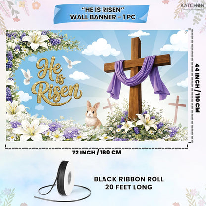 katchon large happy easter banner 72x44 inch he is risen backdrop for easter decorations christian easter decorations easter photo backdrop he is risen decor jesus spring party decoration