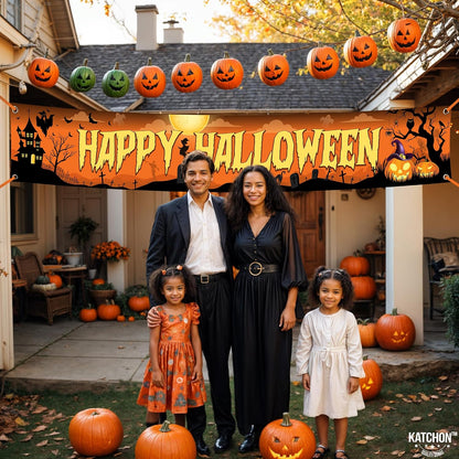 Katchon Happy Halloween Banners For Outside- Orange And Black Yard Sign