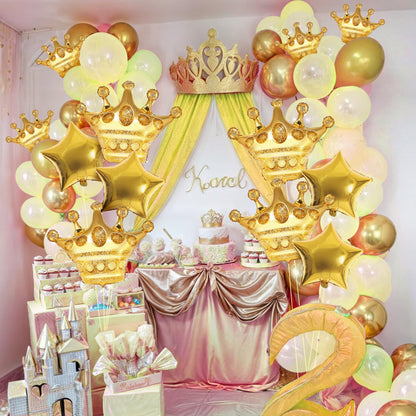 Katchon, Large Gold Crown Balloons And Gold Star Balloons - 28 Inch, Pack Of 14 | gold Party Decorations For Royal Birthday Party Decorations | Royalty Baby Shower | Crown Queen party decorations