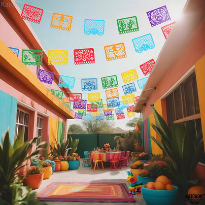 KatchOn, Xtralarge Felt Mexican Party Banner - 6 Strings, 54 Pcs 12x16 each | Dia De los Muertos Decorations, Felt Papel Picado Banner | Mexican Banners for Fiesta Party Decorations