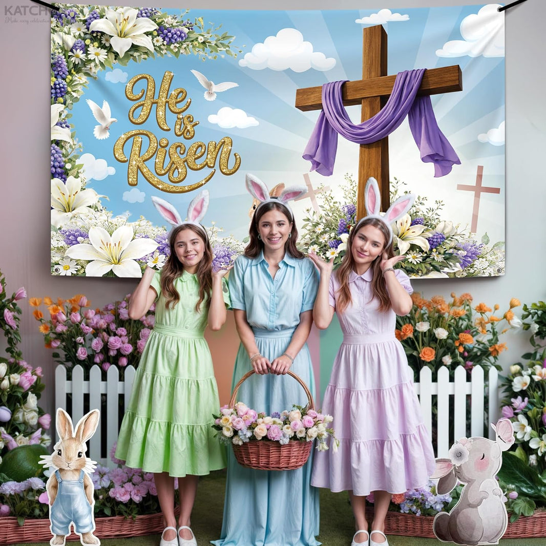 katchon large happy easter banner 72x44 inch he is risen backdrop for easter decorations christian easter decorations easter photo backdrop he is risen decor jesus spring party decoration
