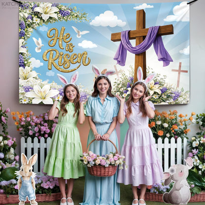 katchon large happy easter banner 72x44 inch he is risen backdrop for easter decorations christian easter decorations easter photo backdrop he is risen decor jesus spring party decoration