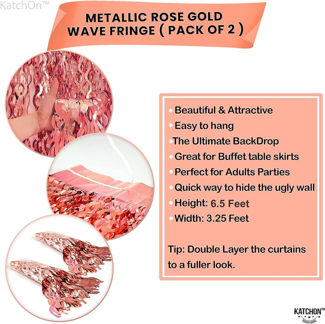 KatchOn XtraLarge Wavy Rose Gold Fringe Backdrop - 6.4x6.5 Feet Rose Gold Fringe Pack of 2 | Wine Bachelorette Party Decorations | Rose Gold Party Decorations, Rose Gold Birthday Decorations for Women