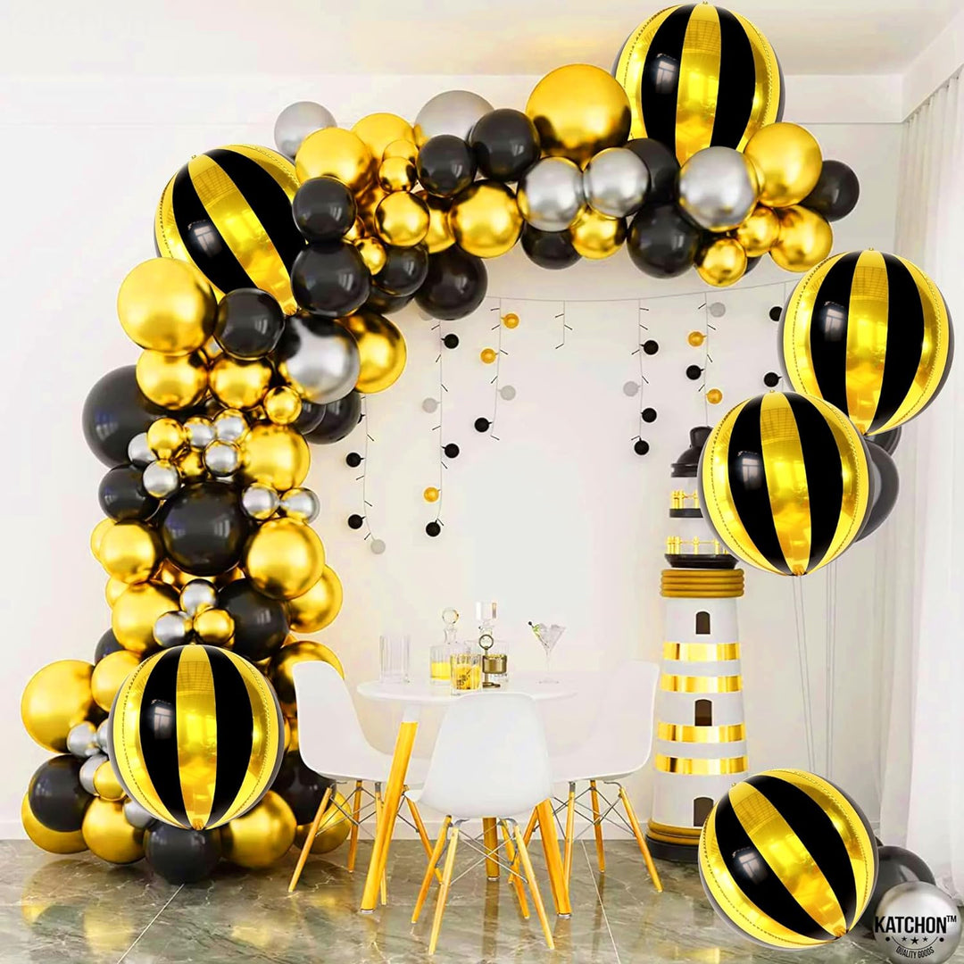 Big, 22 Inch Black and Gold Balloons - Pack of 6, Black and Gold Party Decorations | 360 Degree 4D Sphere Round Gold Black Metallic Balloons for Disco Party Decorations | Hollywood Party Decorations
