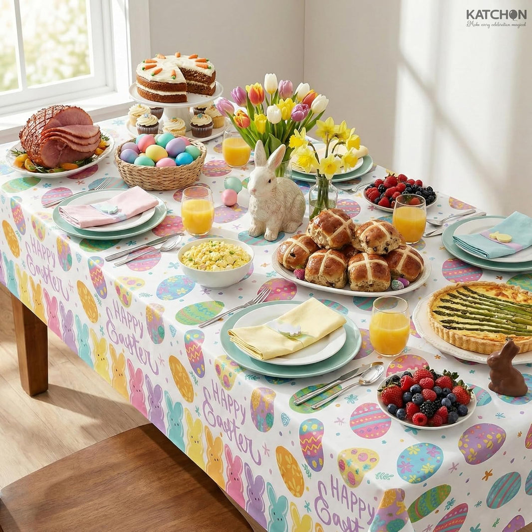 katchon happy easter tablecloth 108x54 inch pack of 3 colorful bunnies happy easter decoraitons for home spring table cloth for party decorations rectangle easter table decorations
