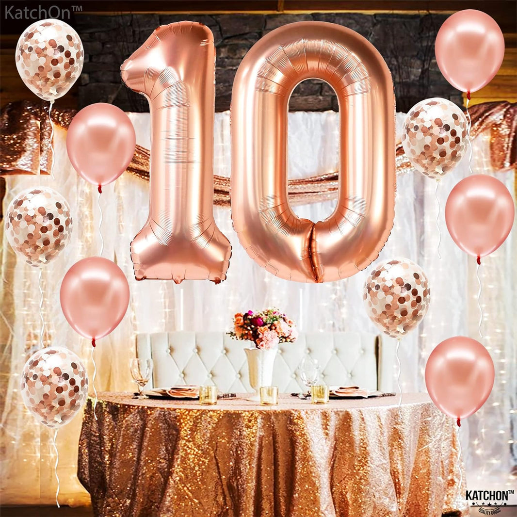 KatchOn, Giant Rose Gold 10 Balloon Number - 40 Inch, Pack of 12 | Rose Gold 10 Balloon with Confetti Balloons | Rose Gold 10th Birthday Decorations for Girls | Happy 10th Birthday Balloons for Girls