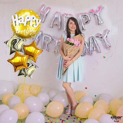 KatchOn, Gold Happy Birthday Balloon Set - 23 Inch, Big, Pack of 5 | Happy Birthday Mylar Balloons, Golden Birthday Balloons | Gold Party Decorations, Golden happy Birthday Decorations