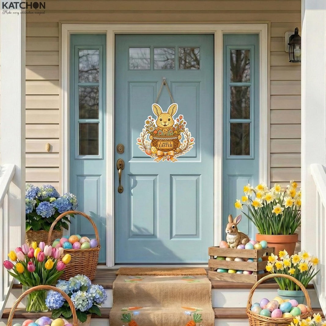 katchon happy easter door sign wooden 11 4 inch happy easter door decoration wooden easter wreath for front door welcome hanging sign easter decorations for home