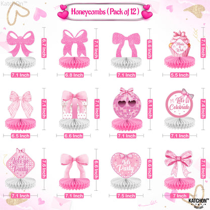 KatchOn, Pink Bow Party Honeycomb Centerpieces - Pack Of 12 | Coquette Birthday Decorations | Bow Birthday Table Centerpieces For Baby Shower Bachelorette Bridal Wedding Decorations | Pink Party Décor