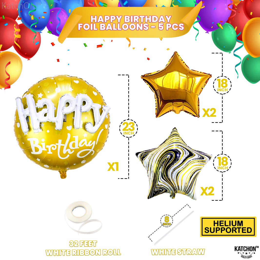 KatchOn, Gold Happy Birthday Balloon Set - 23 Inch, Big, Pack of 5 | Happy Birthday Mylar Balloons, Golden Birthday Balloons | Gold Party Decorations, Golden happy Birthday Decorations