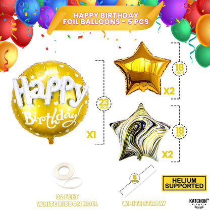 KatchOn, Gold Happy Birthday Balloon Set - 23 Inch, Big, Pack of 5 | Happy Birthday Mylar Balloons, Golden Birthday Balloons | Gold Party Decorations, Golden happy Birthday Decorations