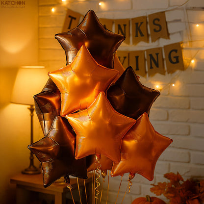 Katchon, Metallic Brown And Orange Star Foil Balloons 18 Inch - Pack of 12 | Brown and Orange Balloons for Friendsgiving Party Decorations, Thanksgiving Foil Balloons, Bachelorette Party, Baby Shower