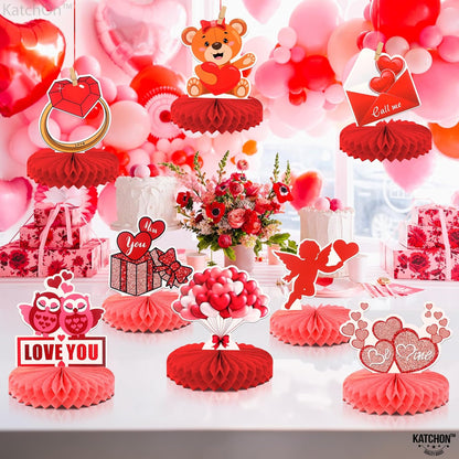 KatchOn, Valentines Day Centerpiece for Table - Pack of 9 | Valentines Day Decorations, Valentines Table Decorations | Valentine Table Decor | Red 3D Heart Honeycomb Centerpieces for Valentines Decor