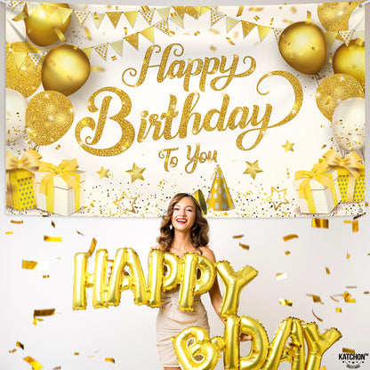 KatchOn, Gold Happy Birthday Banner - XtraLarge 72x44 Inch | Birthday Decorations for Women, Men, Boys and Girls | Hbd Banner Backdrop Gold And White Party Decoration
