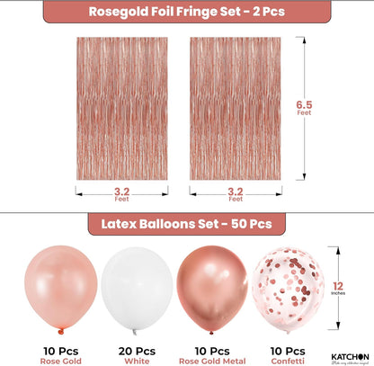 KatchOn, Rose Gold Party Decorations Set – Big, Pack of 52 | Rose Gold Fringe Backdrop with Latex & Confetti Balloons for Birthday, Wedding, Anniversary, Bridal Shower, Bachelorette Party Decorations