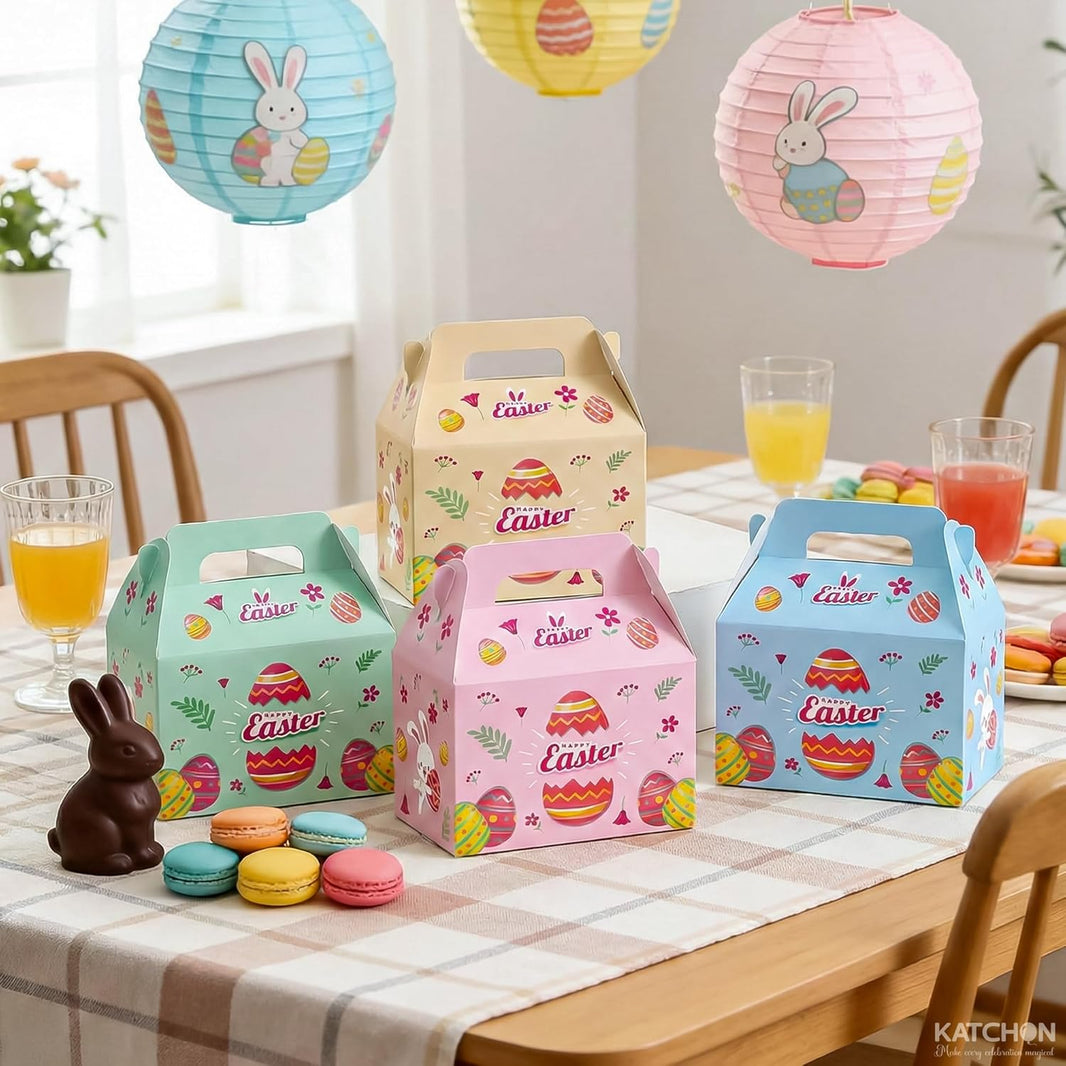 KatchOn, Happy Easter Treat Boxes Pack of 12 | Bunny Candy Boxes for Eater Party Favors | Basket Fillers and Holiday Goodies | Cute Easter Party Supplies with 4 Different Patterns for Birthday Favors