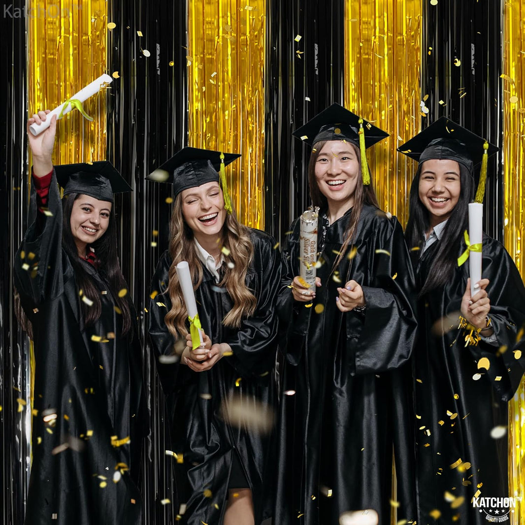 KatchOn, Xtralarge Black and Gold Streamers - 3.2x8 Ft, Pack of 2 | Gold and Black Foil Fringe Curtains for Birthday, Anniversary, Enegagment, Bachelorette Party Decorations | Halloween Decorations