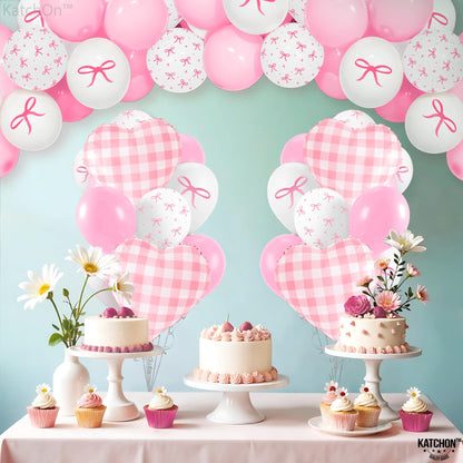 KatchOn, Pink Bow Birthday Party Decorations - Pack of 64 | Bow Themed Baby Shower Decorations | Pink Checkered Balloons for pink Bride Balloons | White Balloon