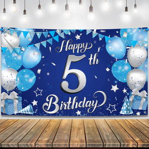 KatchOn, Happy 5th Birthday Banner - XtraLarge, 72x44 Inch | Blue 5th birthday Decorations | Blue and Silver Toddler Decorations for 5 birthday Decoration