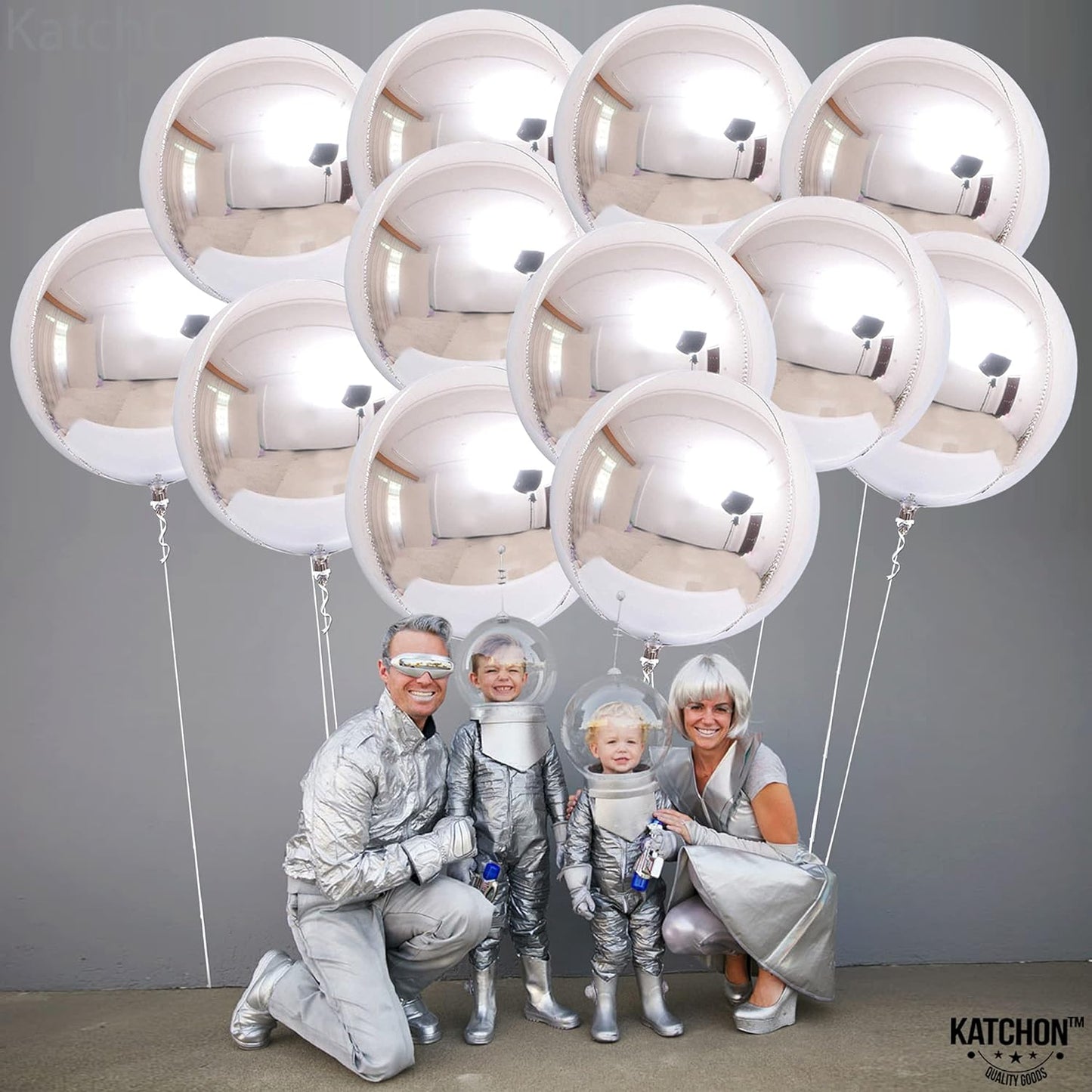 KatchOn, Big Metallic Silver Balloons - 22 Inch, Pack of 12 | 4D Round Balloons, Silver Foil Balloon | Silver Mylar Balloons, Silver Chrome Balloons for Silver Party Decorations | Mirror Balloons