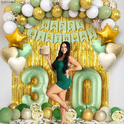 KatchOn | Sage Green 30th Birthday Decorations Set – Pack of 49 | Sage Green 30 Balloon Numbers, Star, Heart & Confetti Balloons, Gold Backdrop | 30th Sage Green Birthday Decorations for Women, Men