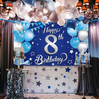 KatchOn, XtraLarge Silver and Blue Happy 8th Birthday Banner - 72x44 Inch | 8th Backdrop for Happy Birthday Decorations | Blue and Silver Party Decorations