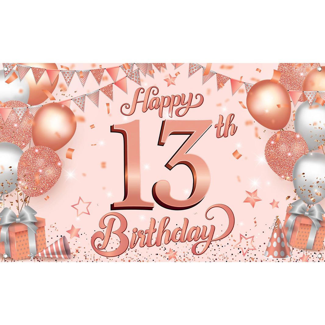 KatchOn Rose Gold Happy 13th Birthday Banner - Large, 72x44 Inch | 13th Birthday Backdrop for Girls' Birthday Decorations