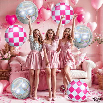 KatchOn, Pink White and Disco Ball Foil Balloons - 23 Inch, Pack of 8 | Galentines Balloons, Galentines Day Decorations | Pink and White Round Checkered Balloon, Cowgirl Birthday Party Decorations