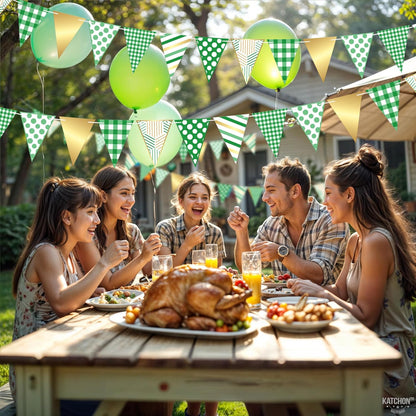 KatchOn, Christmas Pennant Banner Flags - 30 Feet | Gingham Checkered Triangle Fabric Bunting Garland Green, White and Gold | Party Decorations for Birthday, And Christmas Wall Decorations Indoor