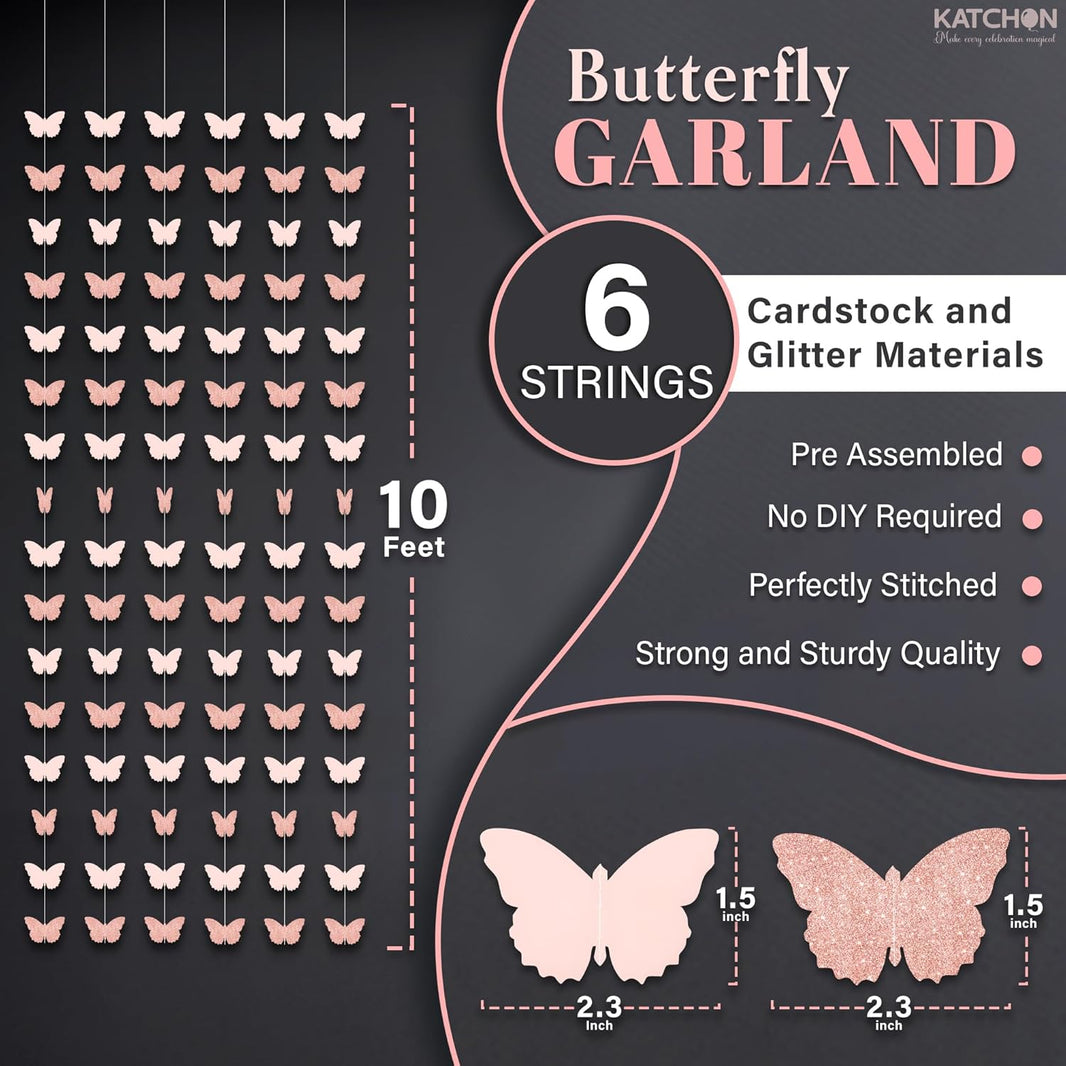KatchOn, Rose Gold Hanging Butterfly Garland - Pack of 6 | Butterfly Wall Decor & Birthday Banner for Girls | Butterfly Birthday Decorations for Women, Baby Shower, Wedding, Bridal Shower