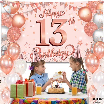 KatchOn Rose Gold Happy 13th Birthday Banner - Large, 72x44 Inch | 13th Birthday Backdrop for Girls' Birthday Decorations