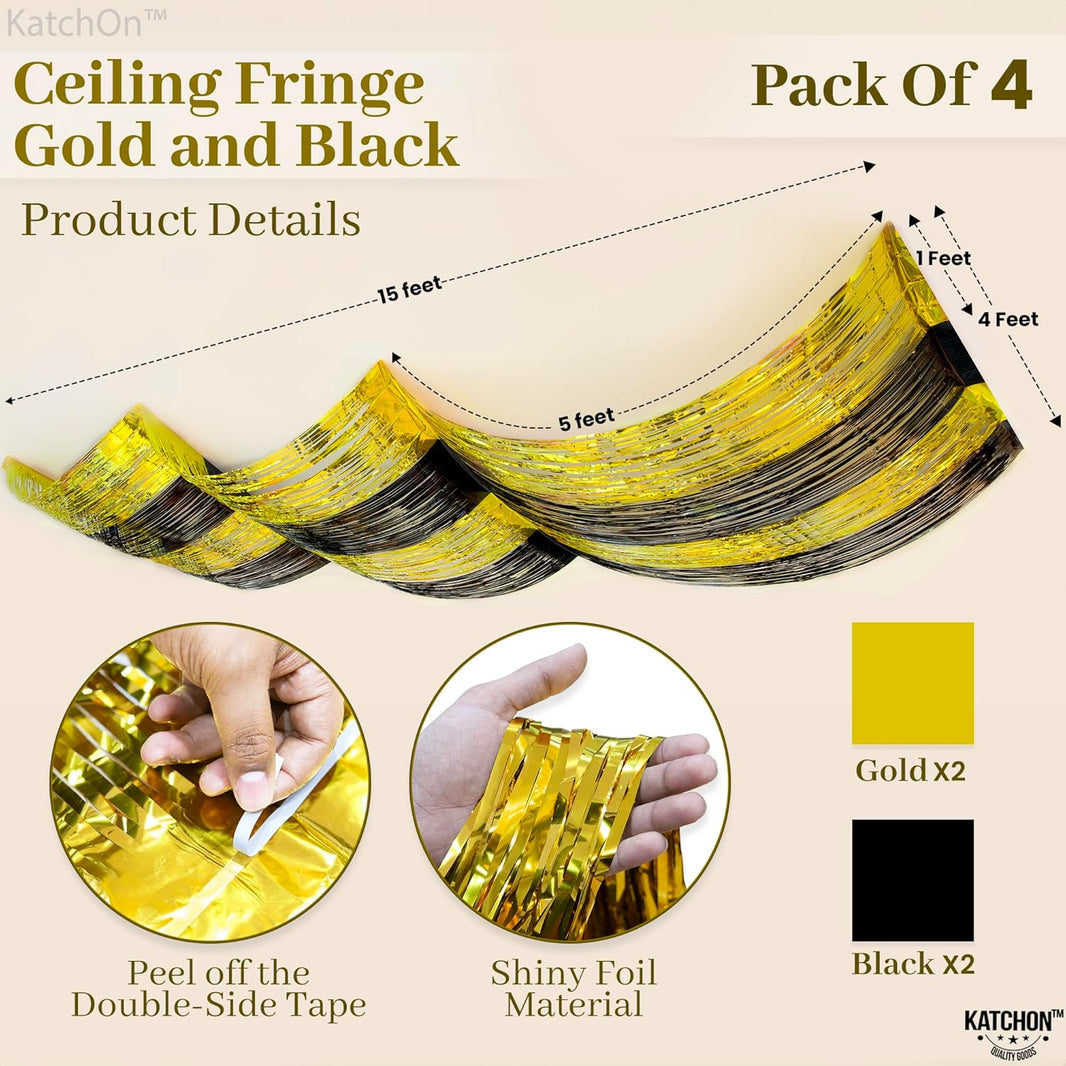 KatchOn, Black and Gold Ceiling Decorations - 4x15 Feet | Gold and Black Ceiling Fringe For Graduation Decorations 2025 | Streamers for Birthday, Bachelorette Decor | Retirement Party Decorations