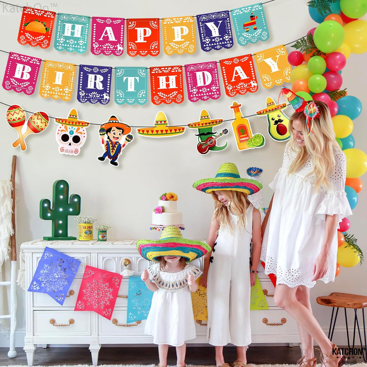 KatchOn, Fiesta Happy Birthday Banner - 15 feet, 3 String | Cinco De Mayo Theme, Mexican Fiesta Pinata Sombrero Garland for Mexican Birthday Party Decorations | Mexican Banner Fiesta Party Decorations