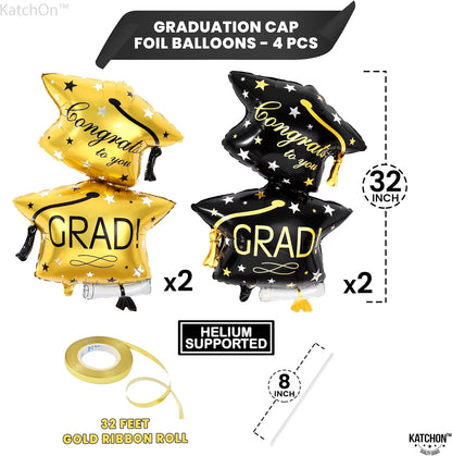 Graduation Decorations 2026 | Black and Gold Graduation Cap Balloon - Big, 32 Inch, Pack of 4 | Congrats Grad Balloons | Graduation Balloons Class of 2026, Graduation Hat Balloons, KatchOn