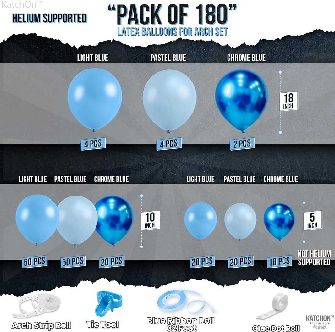 KatchOn, 180 Pcs Blue Balloons Garldan Arch Kit - Different Sizes 18, 10, 5 Inches | Pastel Blue and Metallic Blue Latex Balloons for Blue Birthday Decorations | Latex Balloons, Blue Party Decorations