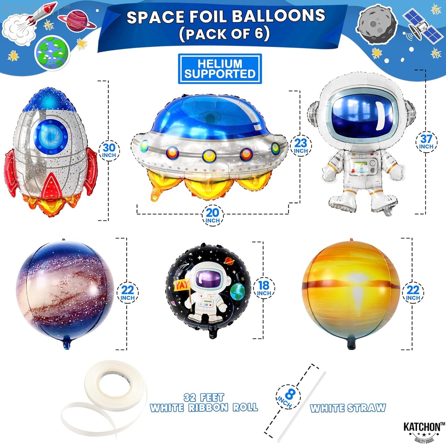 KatchOn, Large Mylar Space Balloons, 37 Inch - Pack of 6 | Astronaut Balloon, Space Birthday Decorations | Space Themed Balloons, Astronaut Decorations | Galaxy Balloons, Outer Space Party Decorations