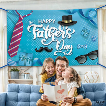 KatchOn, Blue Happy Fathers Day Banner - XtraLarge, 72x44 Inch | Happy Fathers Day Decorations for Party | Happy Fathers Day Backdrop for Photography, Father's Day Decorations, Happy Fathers Day Sign