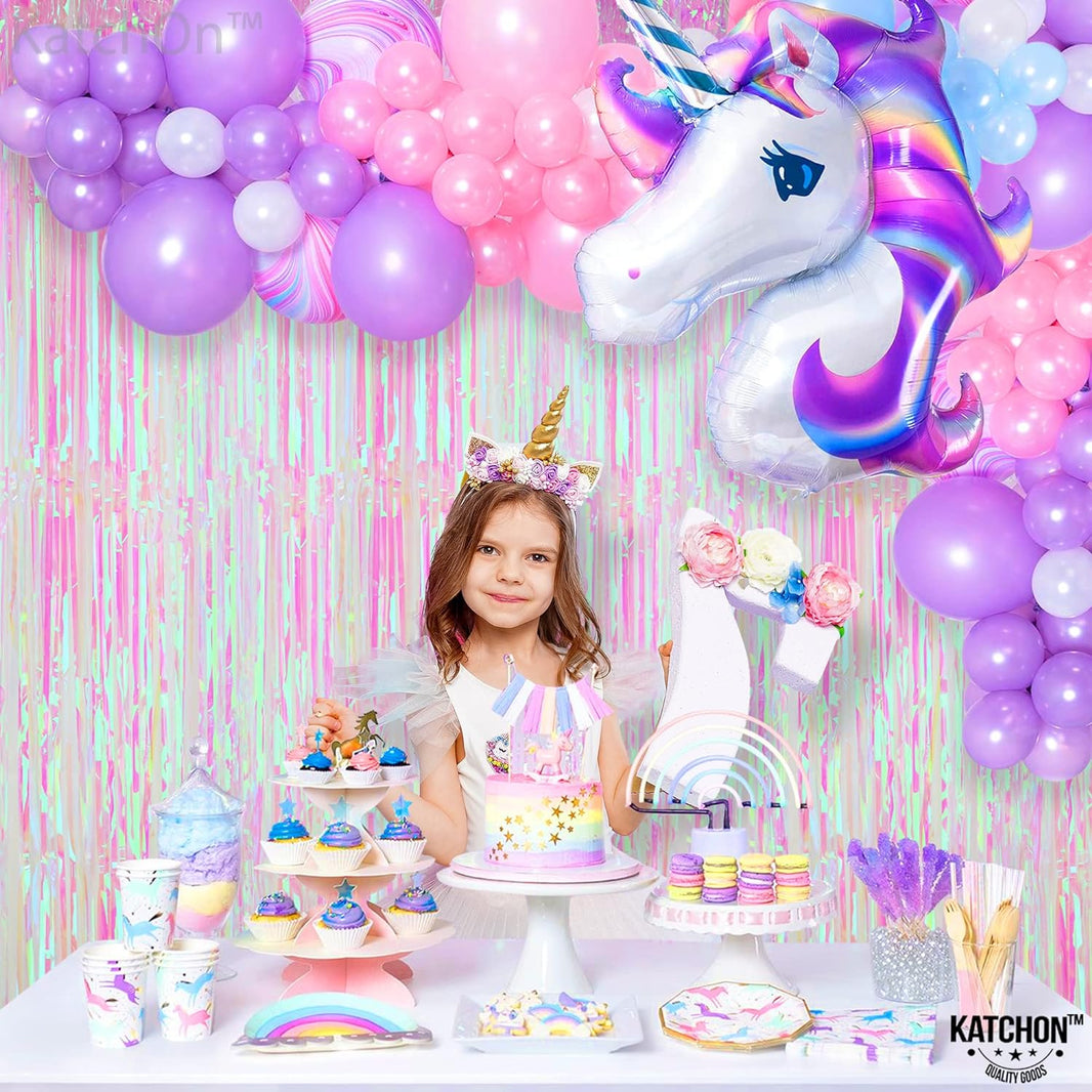 KatchOn, XtraLarge Iridescent Fringe Curtain - 8x3.2 Feet Pack of 2 Iridescent Backdrop | Iridescent Pink Backdrop for Iridescent Party Decorations | Iridescent Fringe Backdrop, Galentines Decorations