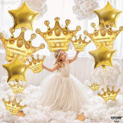 Katchon, Large Gold Crown Balloons And Gold Star Balloons - 28 Inch, Pack Of 14 | gold Party Decorations For Royal Birthday Party Decorations | Royalty Baby Shower | Crown Queen party decorations