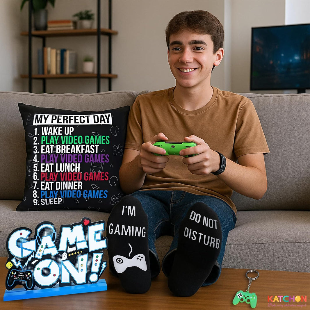 KatchOn, Gamer Gift Set - Pack of 5 | Christmas Stocking Stuffers for Teen Boys, Pillow Cover, Socks, Keychain, Bracelet & Centerpiece | Birthday, Gaming Gift for Boys, Boyfriend | Gamer Accessories