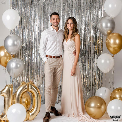 KatchOn, XtraLarge Silver Foil Fringe Curtain - 3.2x8 ft Pack of 2, Streamers Backdrop for Graduation Decorations 2026, Silver Fringe Backdrop for Birthday Decor, Bachelorette party decorations