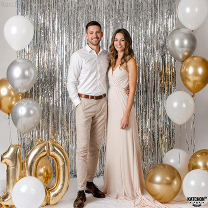 KatchOn, XtraLarge Silver Backdrop Curtain - 3.2x8 Ft, Pack of 2 | Silver Streamers Backdrop for Disco Party Decorations | Fringe Backdrop for Anniversary, Birthday Decoration | Halloween Decorations